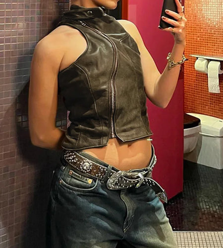Streetwear Brown Stitching Zipper Party Top Women Vest Sleeveless Short Clubwear Sexy Leather Top Summer Stand Collar