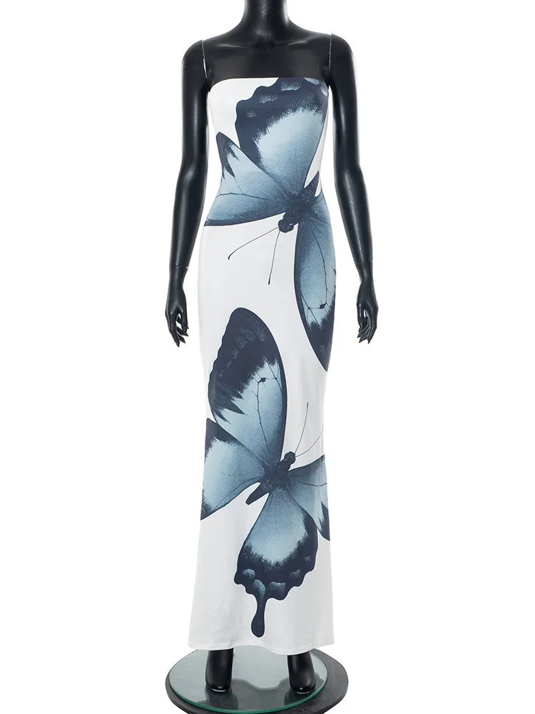 Off-shoulder Print Sexy Maxi Dress Women Summer New Strapless Sleeveless Backless High Waist Beach Holiday Long Dress