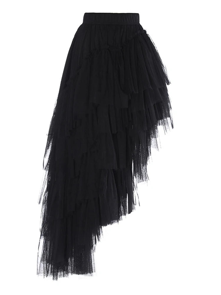 High Elastic Waist Blue Irregular Mesh Layers Cake Half-body Skirt Women Fashion Tide New Spring Autumn 2025 1DH9418