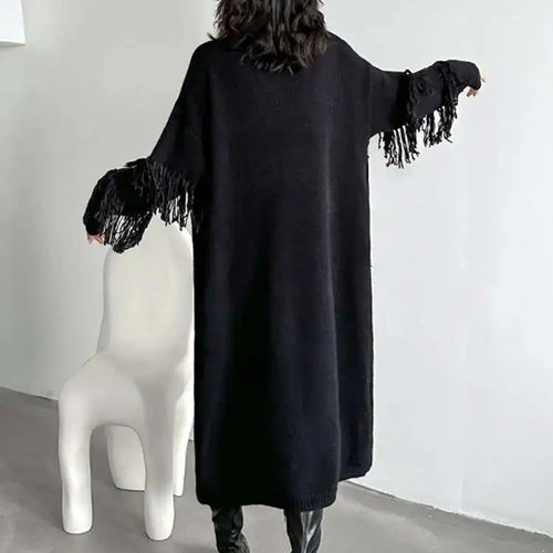 Load image into Gallery viewer, Women Black Tassels Knitting Big Size Midi Dress New Turtleneck Long Sleeve Loose Fit Fashion Spring Autumn 2025 1DH1601
