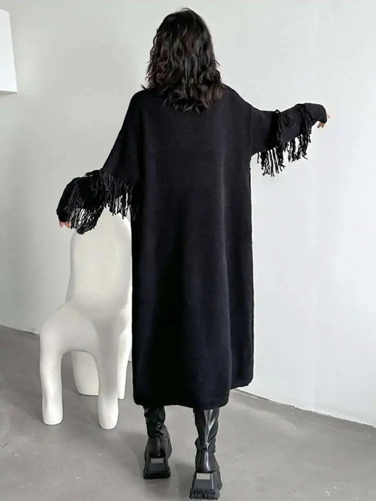 Women Black Tassels Knitting Big Size Midi Dress New Turtleneck Long Sleeve Loose Fit Fashion Spring Autumn 2025 1DH1601