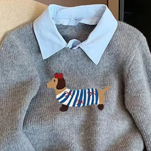 Load image into Gallery viewer, Korean Gray Elegant Embroidery Pullover Sweater 2024 Autumn Winter Women Holiday Long Sleeve Knitwear Casual Tops Fashion Trend
