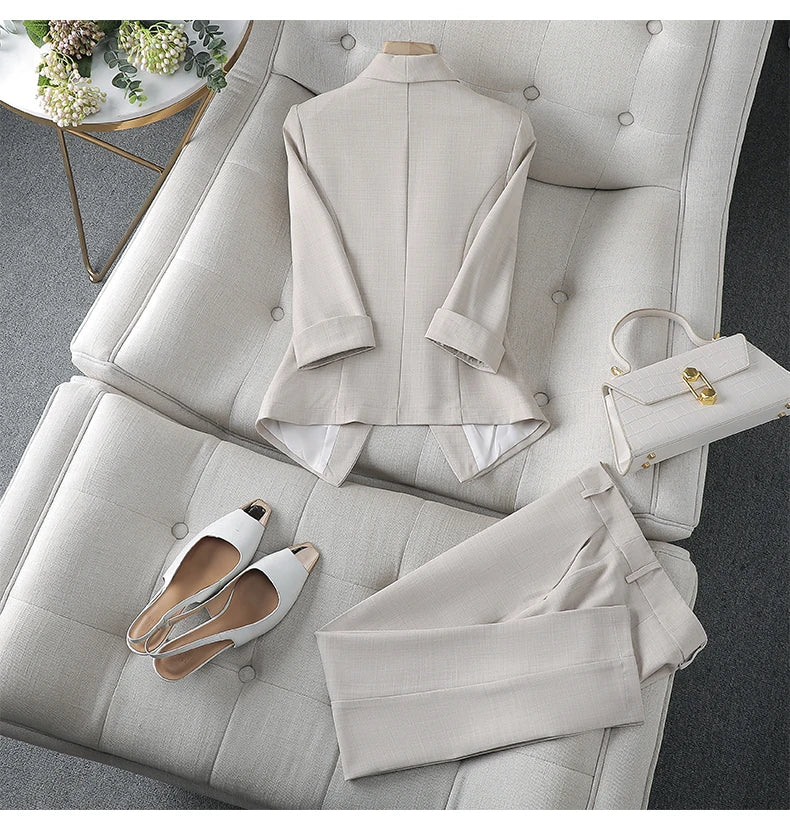 Spring Summer 2023 Flanged Casual Jacket Blazer Slim Pencil Pants Elegant Women's Pants Suit Office Manager Outfits Two Piece