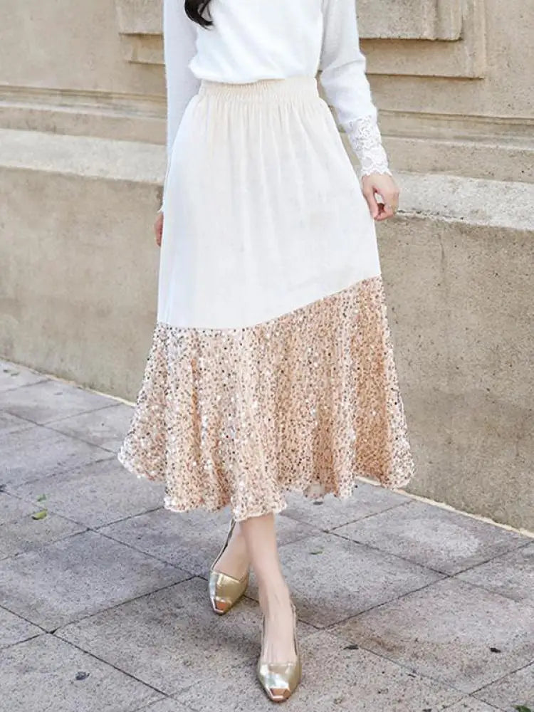 Autumn Winter Vintage Patchwork Sequin Wrap Hip Long Velvet Skirts Women's 2024 Elegant High Waist Pleated Fishtail Skirt French