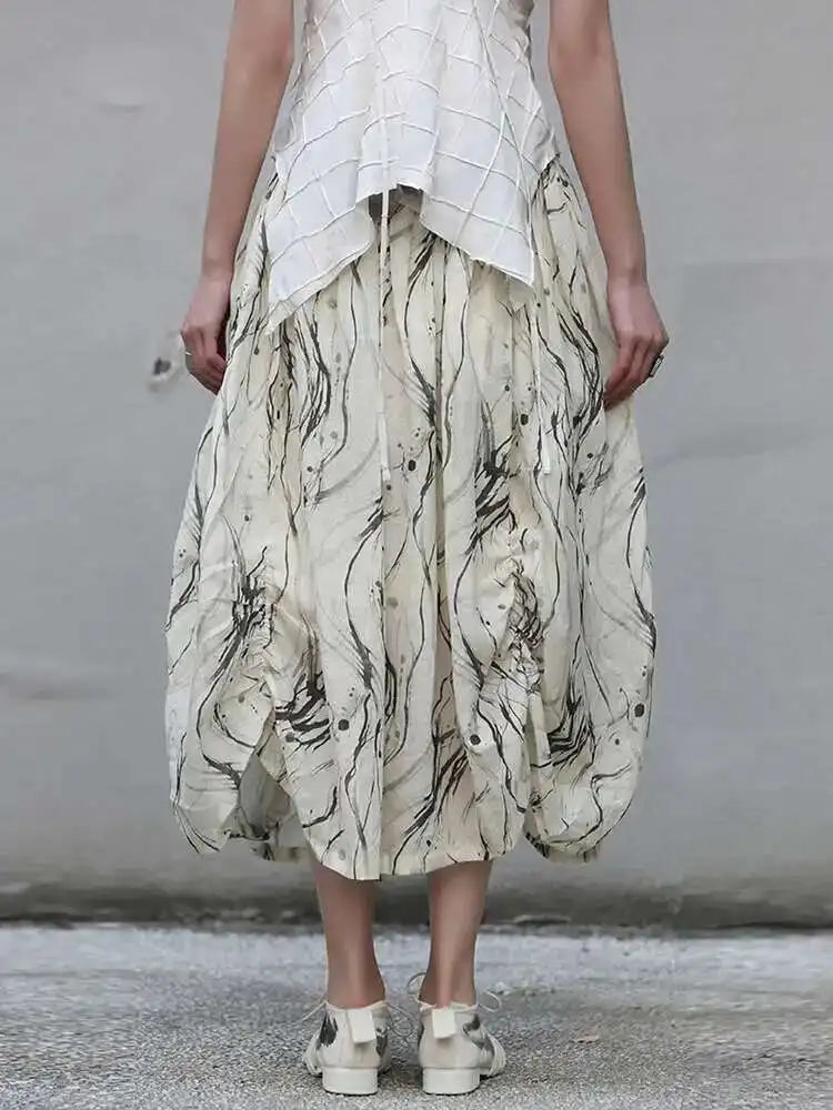 High Elastic Waist Apricot Pattern Printed Long Vintage Half-body Skirt Women Fashion Tide New Spring Autumn 2025 1DF7968