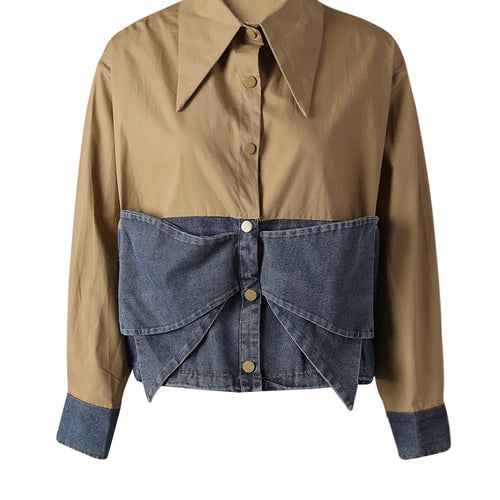 Load image into Gallery viewer, Women Wine Red Denim Bow Color-block Big Size Blouse New Lapel Long Sleeve Shirt Fashion Tide Spring Autumn 2025 CPG3256
