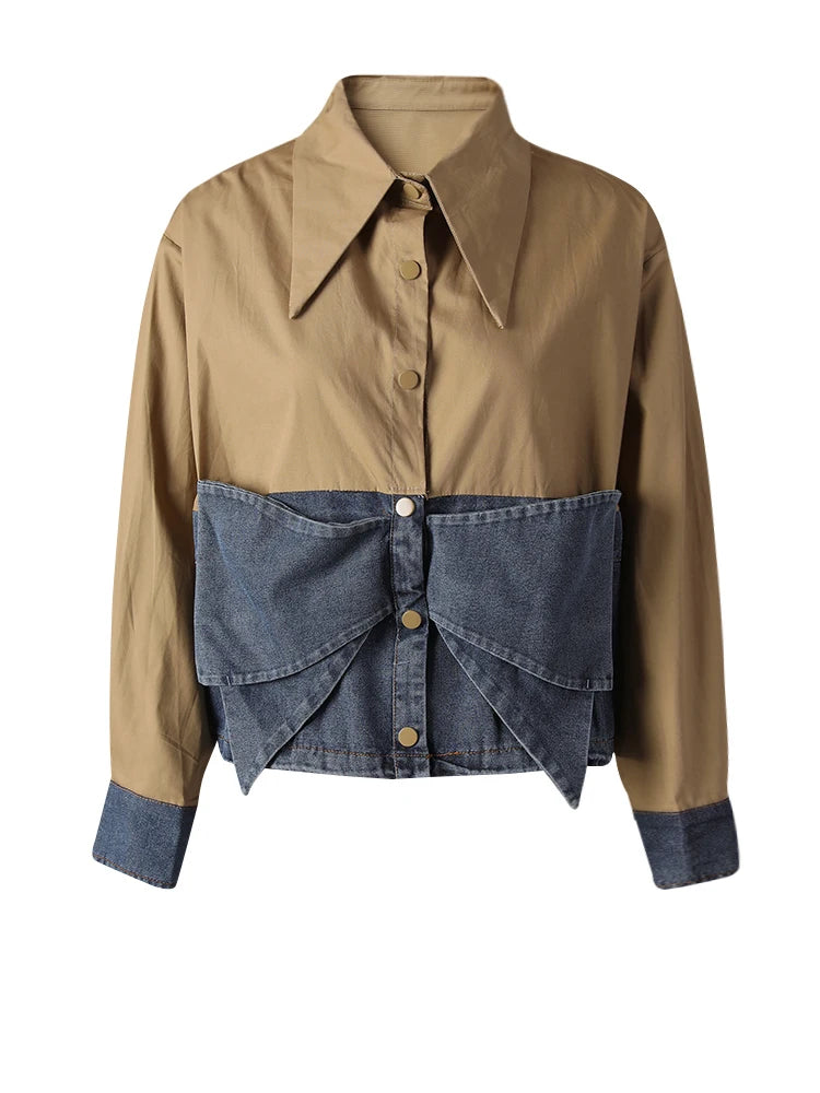 Women Wine Red Denim Bow Color-block Big Size Blouse New Lapel Long Sleeve Shirt Fashion Tide Spring Autumn 2025 CPG3256