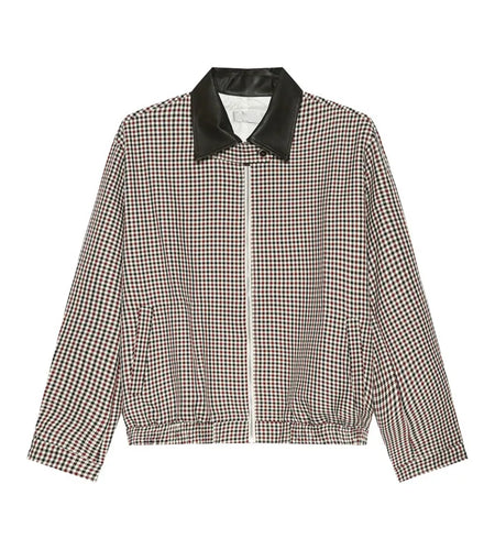 Niche Design Men's Jackets Casual PU Leather Patchwork Plaid Lapel Coats Contrast Color Zipper Loose Male Tops Tide 9C8725