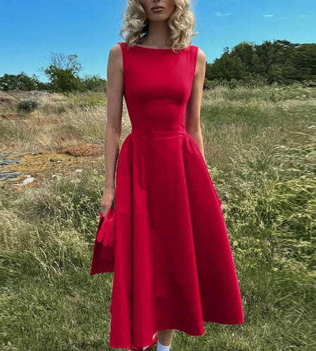 Backless A-line Maxi Dress For Women Fashion Solid O Neck Sleeveless Long Dress Ladies Gown High Waist Tank Dresses