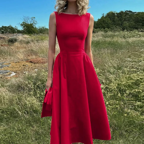Load image into Gallery viewer, Backless A-line Maxi Dress For Women Fashion Solid O Neck Sleeveless Long Dress Ladies Gown High Waist Tank Dresses
