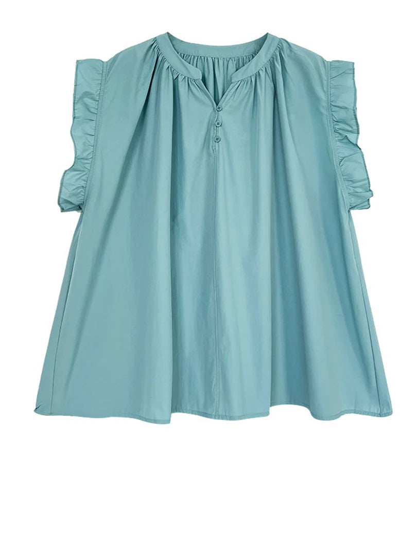 Women Green Purple Ruffles Big Size Elegant Blouse New V-Neck Sleeveless Shirt Fashion Tide Spring Summer 2025 1DJ1563