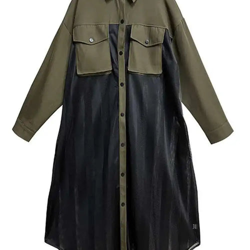 Load image into Gallery viewer, Women Army Green Mesh Color-block Big Size Long Shirt Dress New Lapel Long Sleeve Fashion Tide Spring Autumn 2025 1DH6066
