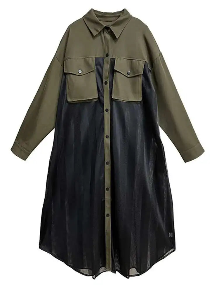 Women Army Green Mesh Color-block Big Size Long Shirt Dress New Lapel Long Sleeve Fashion Tide Spring Autumn 2025 1DH6066