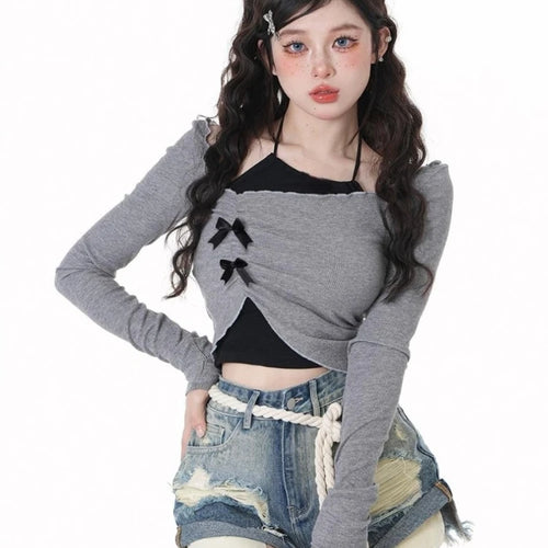 Load image into Gallery viewer, 2025 Autumn New Slim Two Pieces Set Women Grunge Knitted Pleated Bow Tops + Sleeveless Halter Solid Vest Y2k Aesthetic Fashion
