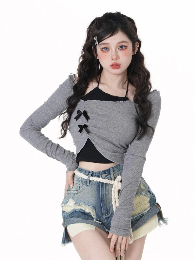 2025 Autumn New Slim Two Pieces Set Women Grunge Knitted Pleated Bow Tops + Sleeveless Halter Solid Vest Y2k Aesthetic Fashion