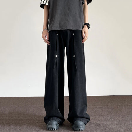 Jeans Loose Wide Leg Pants American Style Rivet Casual Soild Color Male Trousers Trend Summer Zipper 9C5333