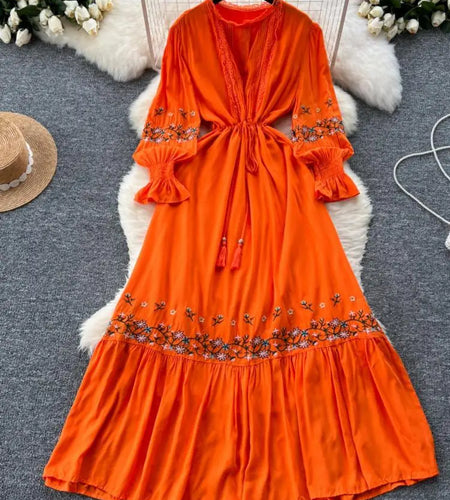 French Women Lace Embroidery Birthday Evening Party Dress Autumn Round Neck Elegant Long Sleeved Ruffles Lace-up Pleated Dresses