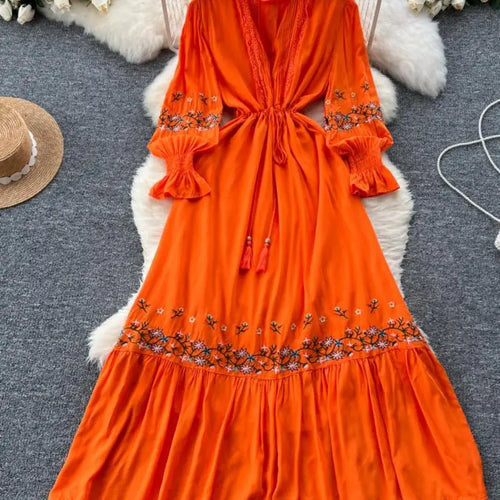 Load image into Gallery viewer, French Women Lace Embroidery Birthday Evening Party Dress Autumn Round Neck Elegant Long Sleeved Ruffles Lace-up Pleated Dresses
