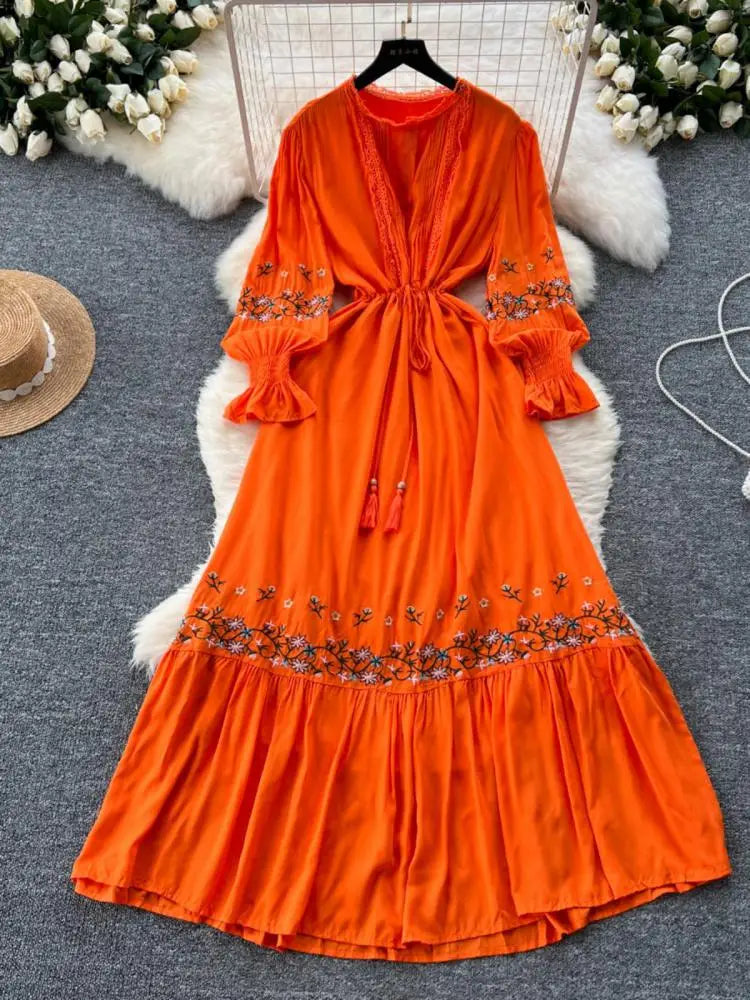 French Women Lace Embroidery Birthday Evening Party Dress Autumn Round Neck Elegant Long Sleeved Ruffles Lace-up Pleated Dresses