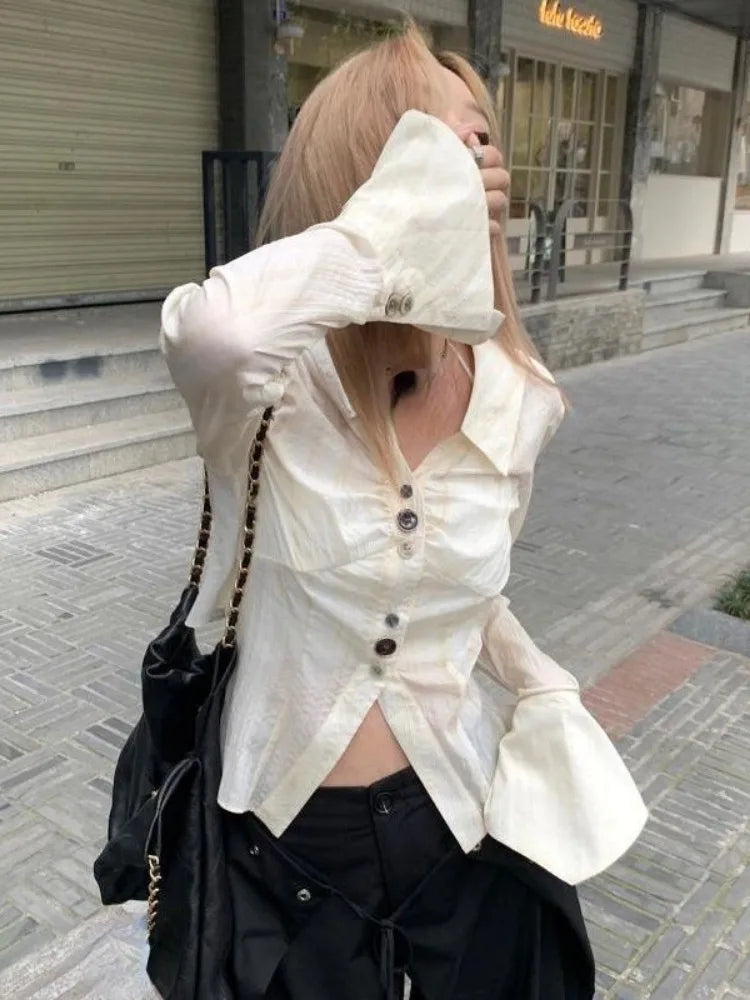 Y2k Aesthetic Pleated Flare Sleeve Women Blouse Sexy Single Breasted Slim Grunge Solid Shirt Harajuku Crop Streetwear Blusas