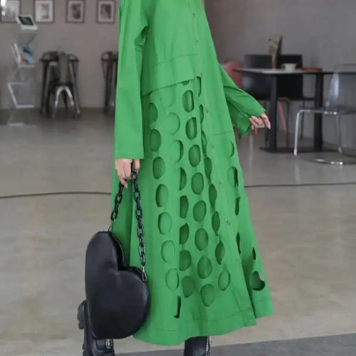 Load image into Gallery viewer, Women Black Hollow Out Big Size Midi Shirt Dress New Lapel Long Sleeve Loose Fit Fashion Tide Spring Autumn 2025 1DF6037
