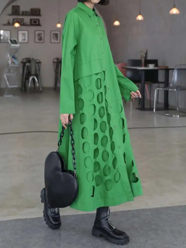 Women Black Hollow Out Big Size Midi Shirt Dress New Lapel Long Sleeve Loose Fit Fashion Tide Spring Autumn 2025 1DF6037