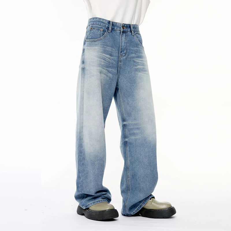 Fashion Men's Denim Pants Casual Worn-out Washing Wide Leg Jeans Vintage Loose Straight Male Trousers Summer 9C6395