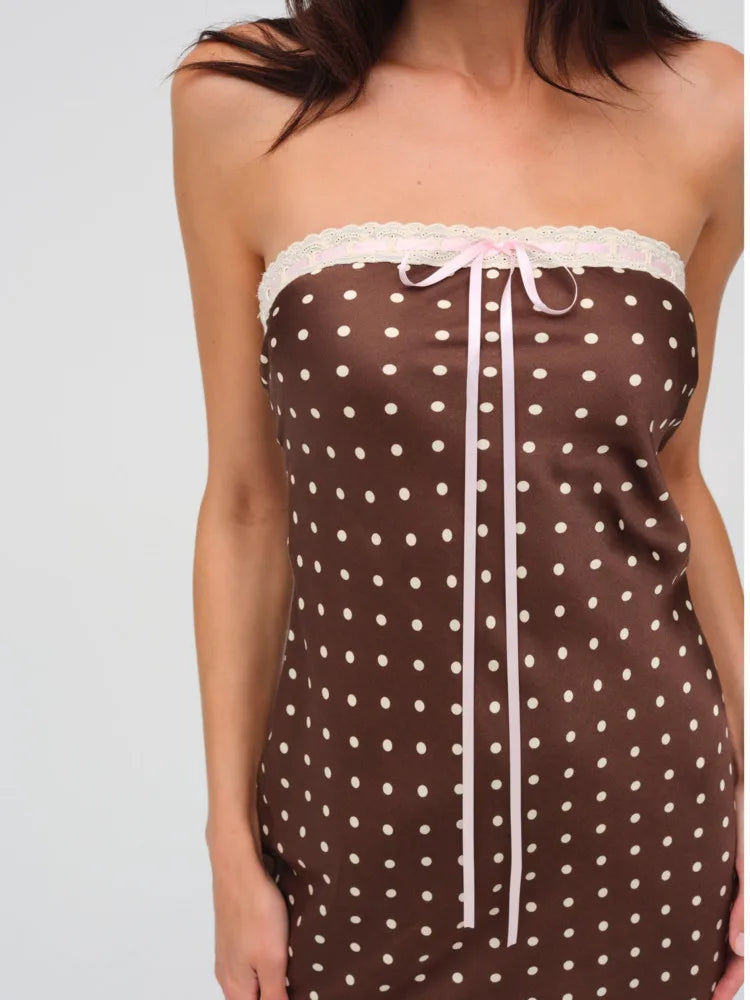 Sexy Strapless Backless Lace Up Hollow Out Mid Length Dress Women Polka Dot Print SummerNew 2025 Holiday Beach Vestido