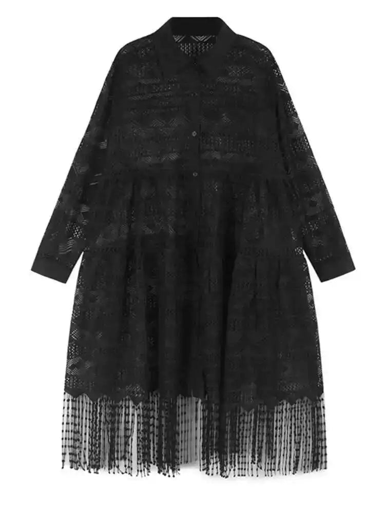 Women Black Lace Hollow Out Tassels Big Size Midi Shirt Dress New Lapel Long Sleeve Fashion Spring Autumn 2025 1DH8942