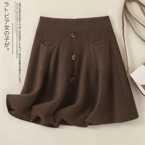 Load image into Gallery viewer, Autumn Winter Solid Slim Single Breasted Knitted Mini Pleated Skirts Women's Elastic High Waist A-line Short Skirt Sexy Club New
