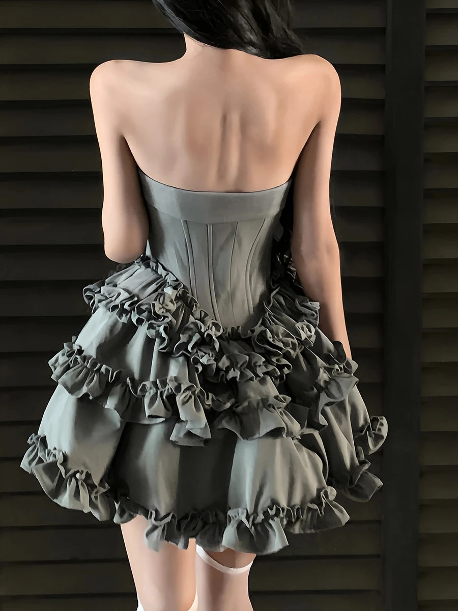 Solid Spliced Ruffles Slimming Dresses For Women Strapless Sleeveless High Waist Temperament Mini Dress Female New