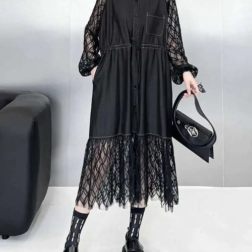 Load image into Gallery viewer, Women Black Denim Lace Perspective Big Size Shirt Dress New Lapel Long Sleeve Fashion Tide Spring Autumn 2025 1DH702001
