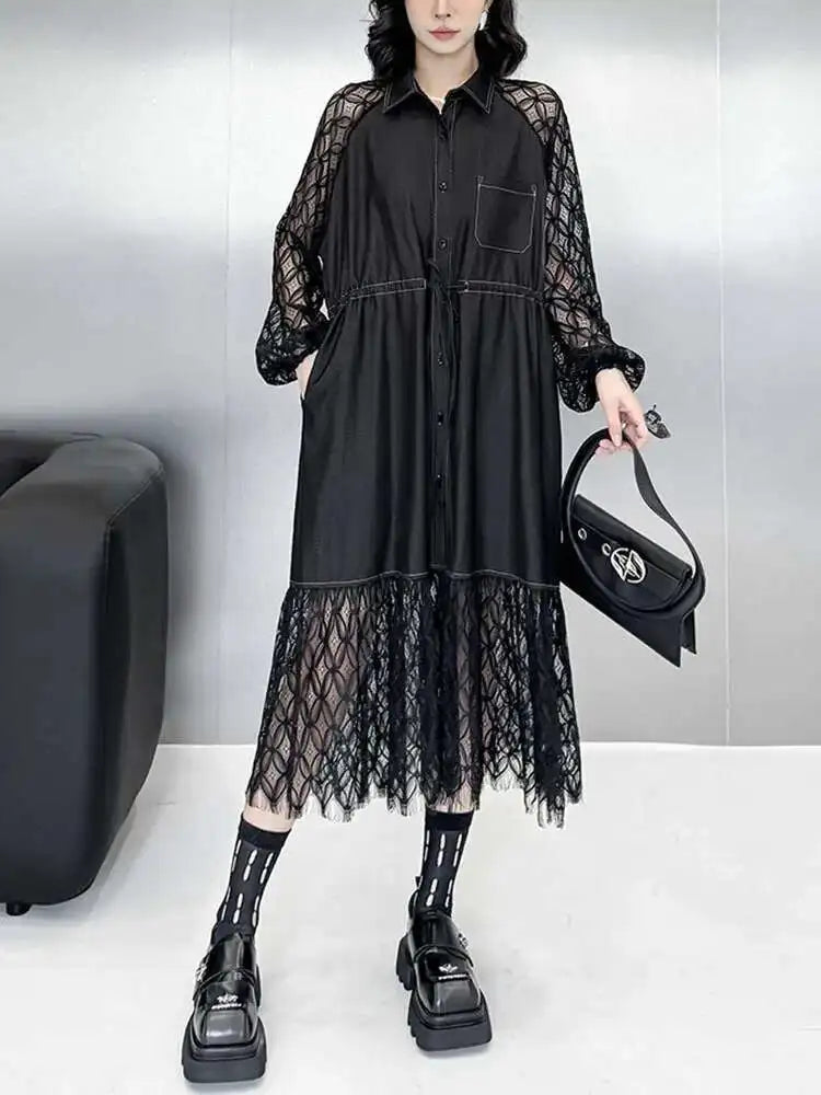 Women Black Denim Lace Perspective Big Size Shirt Dress New Lapel Long Sleeve Fashion Tide Spring Autumn 2025 1DH702001