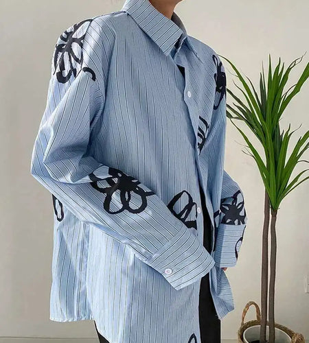 Women Blue Striped Flower Big Size Blouse New Lapel Long Sleeve Loose Fit Shirt Fashion Tide Spring Autumn 2025 1DF1469