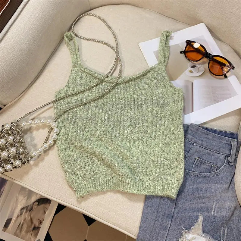 New Women's Green Sleeveless Backless Slip Tops Gray Backless Sleeveless Crochet Knitted Short Tank Top Summer Clothing Fashion