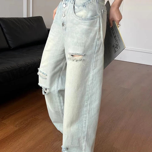 Load image into Gallery viewer, Minimalist Jeans For Women High Waist Patchwork Button Hole Hollow Out Wide Leg Pants Female Fashion Clothing
