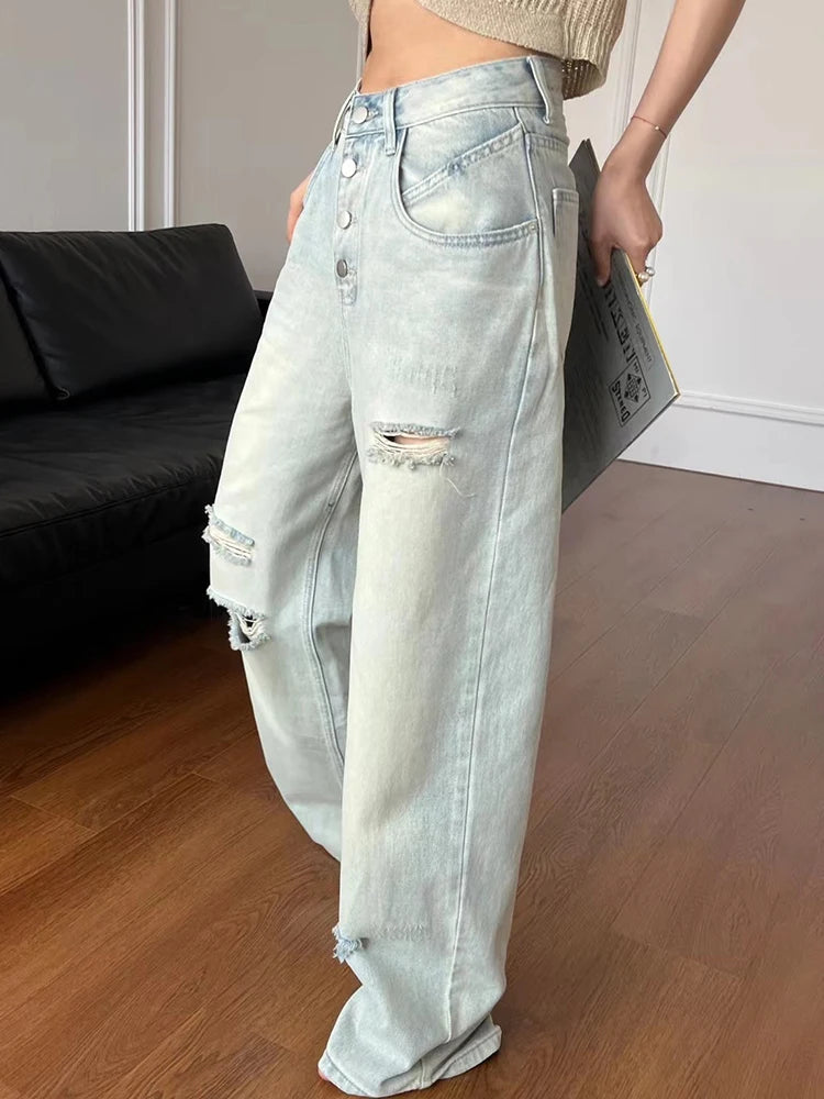 Minimalist Jeans For Women High Waist Patchwork Button Hole Hollow Out Wide Leg Pants Female Fashion Clothing