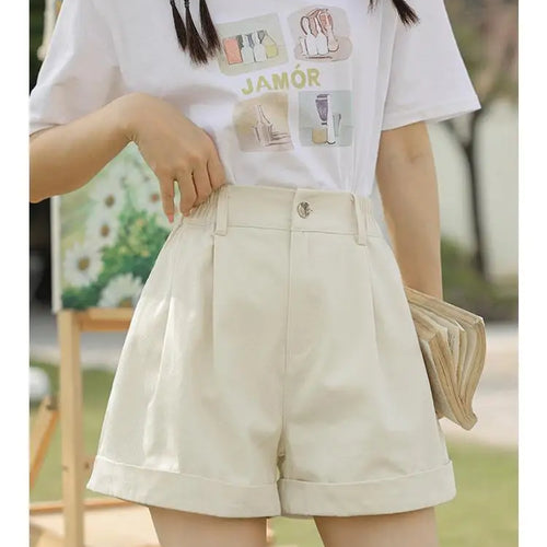 Load image into Gallery viewer, Spring Summer High Waist Solid Student Cotton Shorts Women Fashion Casual Versatile Button Pleated Short Pants Simplicity Korean

