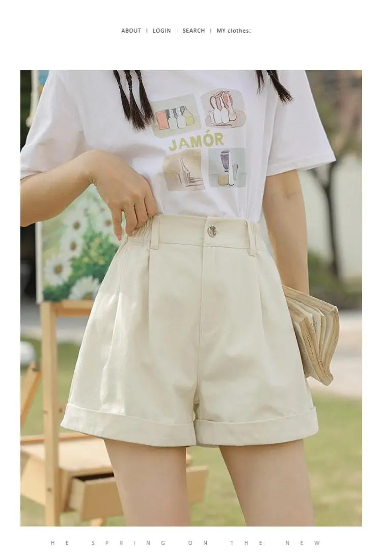 Spring Summer High Waist Solid Student Cotton Shorts Women Fashion Casual Versatile Button Pleated Short Pants Simplicity Korean
