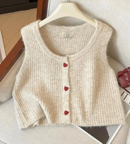 Simple Solid Knitted Vest For Women Fashion Autumn Winter New Single Breasted Cardigan Round Neck Short Sweater Chic Ladies Tops