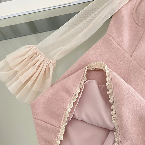 Load image into Gallery viewer, Korean Fashion Vintage 2025 Spring Elegant Two Pieces Set Women Beige Mesh Pearl Long Sleeved Tops + Pink Short Slip Dress Trend
