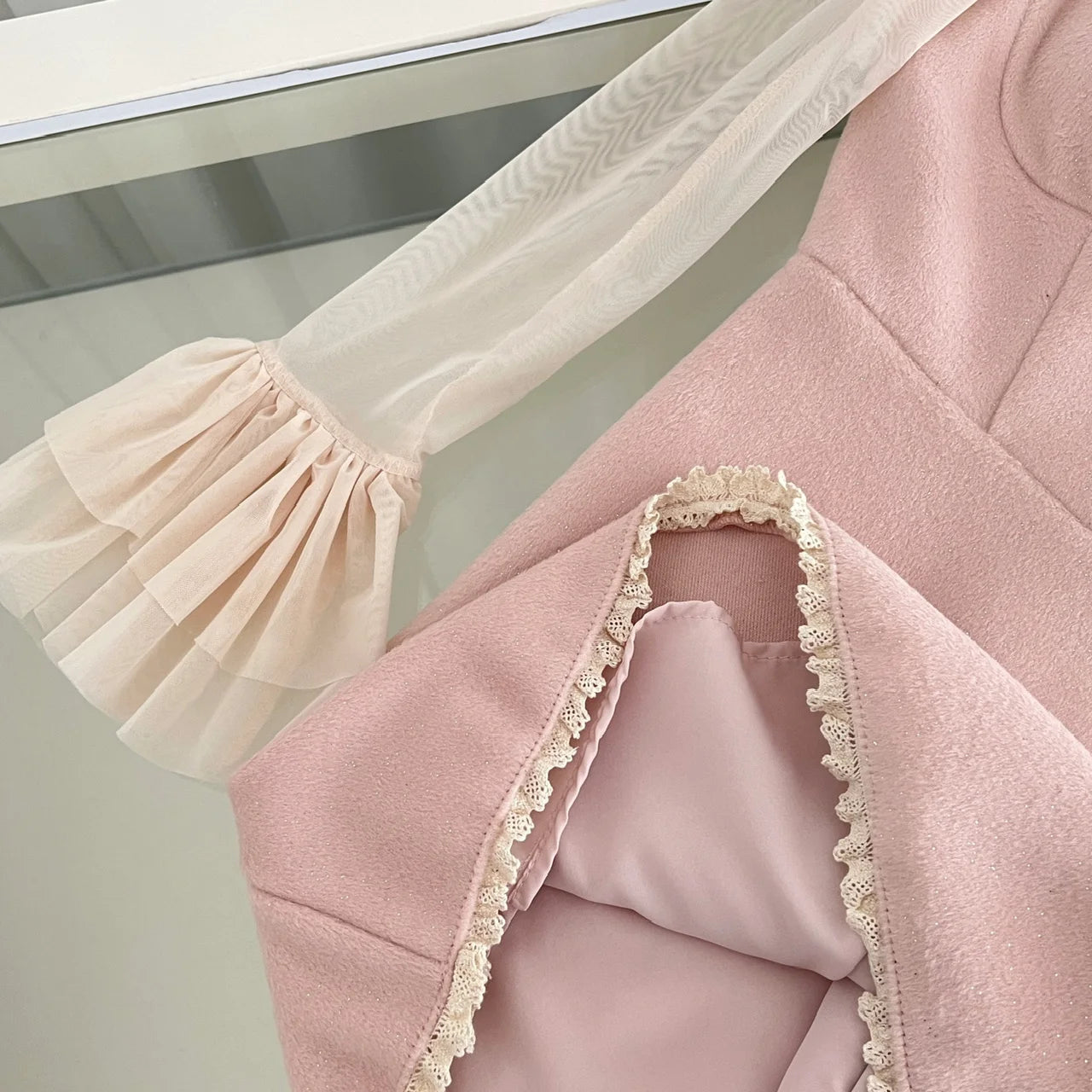 Korean Fashion Vintage 2025 Spring Elegant Two Pieces Set Women Beige Mesh Pearl Long Sleeved Tops + Pink Short Slip Dress Trend