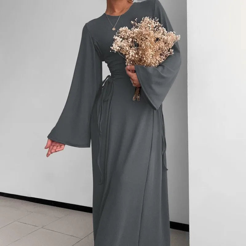 Ribbed Bandage Sexy Maxi Dress For Women Solid Lace-up O Neck Long Sleeve High Waist Elegant Long Dress Fashion