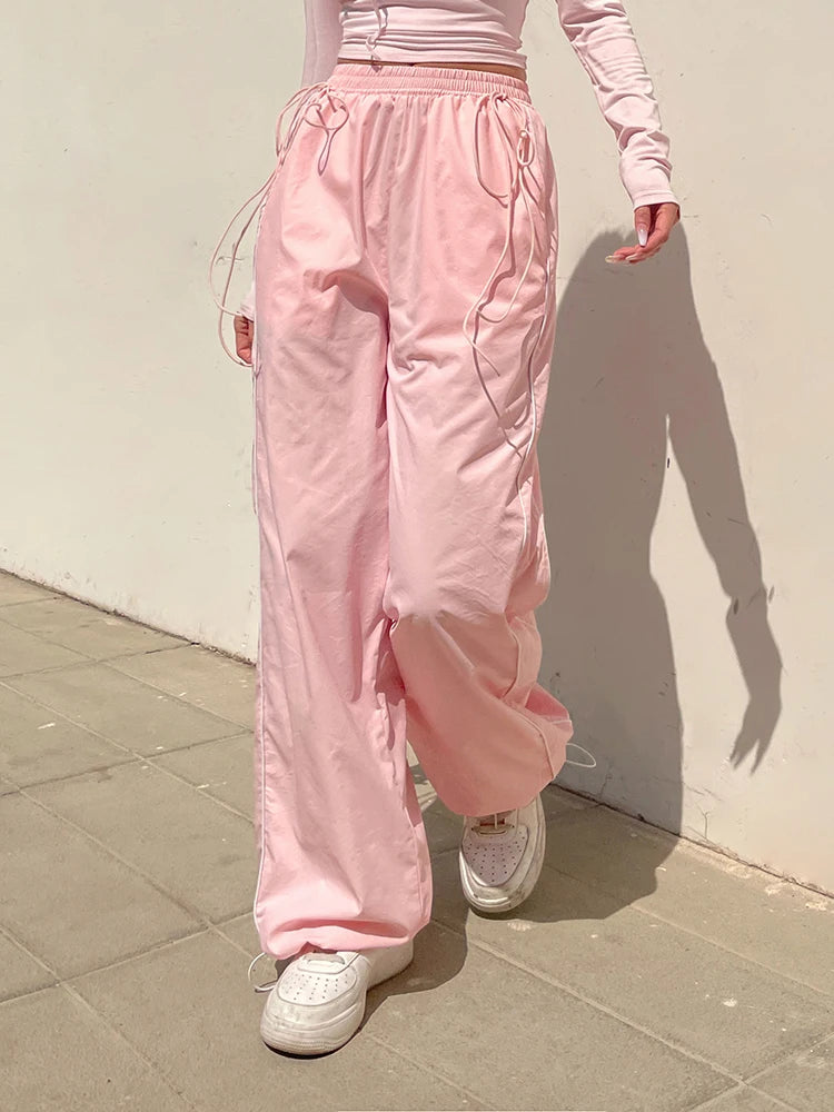 Casual Korean Stripe Pink Baggy Trousers Female Drawstring Elastic Waist Sporty Sweatpants Joggers Street Style Tech