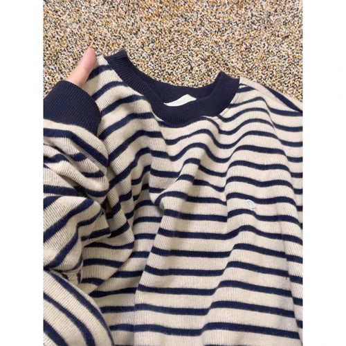 Load image into Gallery viewer, Korean Women Beige Striped Pullovers Velvet Sweater Casual Autumn Winter New Knitted Loose O-neck Long Sleeve Elegant Tops Thick
