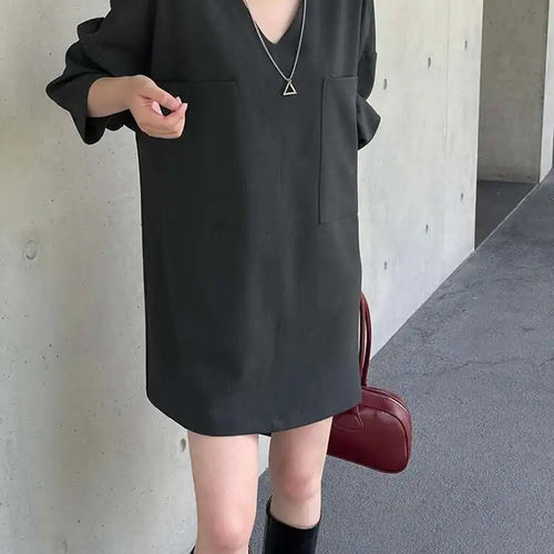 Load image into Gallery viewer, Women Gray Double Pocket Big Size Elegant Mini Dress New V--Neck Long Sleeve Fashion Tide Spring Autumn 2025 1DH7310

