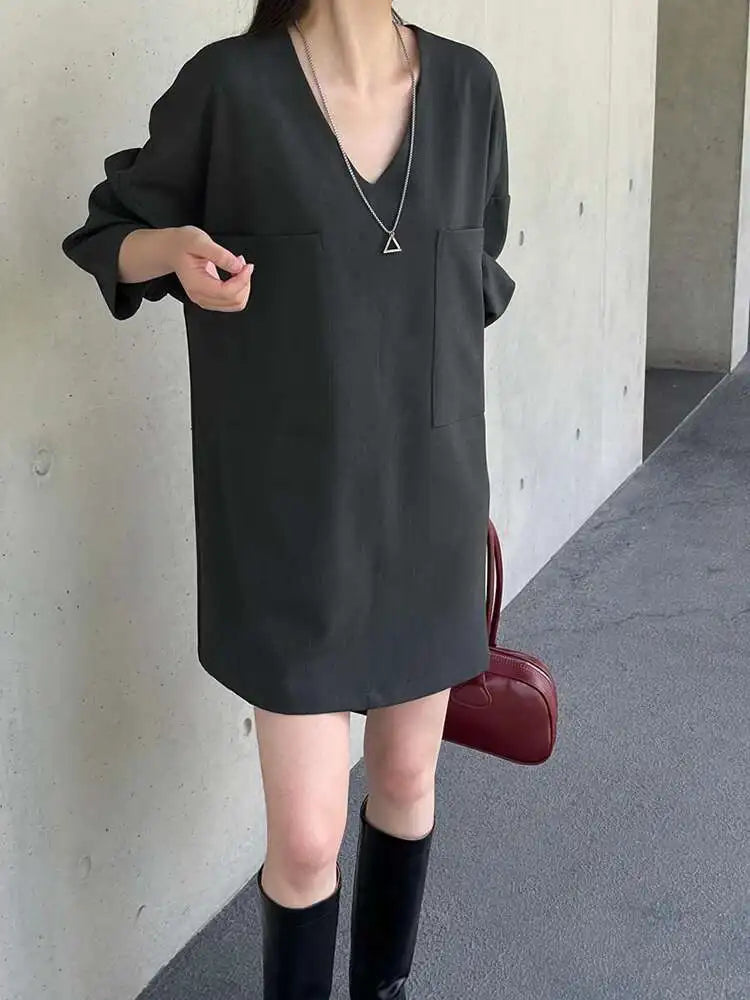 Women Gray Double Pocket Big Size Elegant Mini Dress New V--Neck Long Sleeve Fashion Tide Spring Autumn 2025 1DH7310