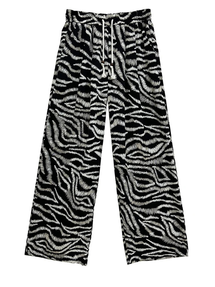 High Elastic Waist Black Zebra Stripes Long Wide Leg Pants New Trousers Women Fashion Tide Spring Autumn 2025 1DJ1535