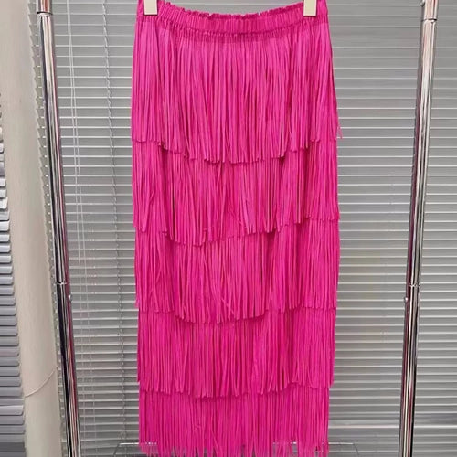 Load image into Gallery viewer, Vintage Elegant Skirt For Women High Waist Patchwork Tassel Hem Solid Midi Skirts Female High Street Summer Clothing Style Y2k
