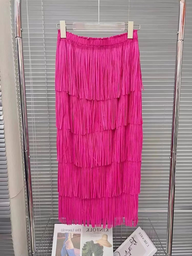 Vintage Elegant Skirt For Women High Waist Patchwork Tassel Hem Solid Midi Skirts Female High Street Summer Clothing Style Y2k